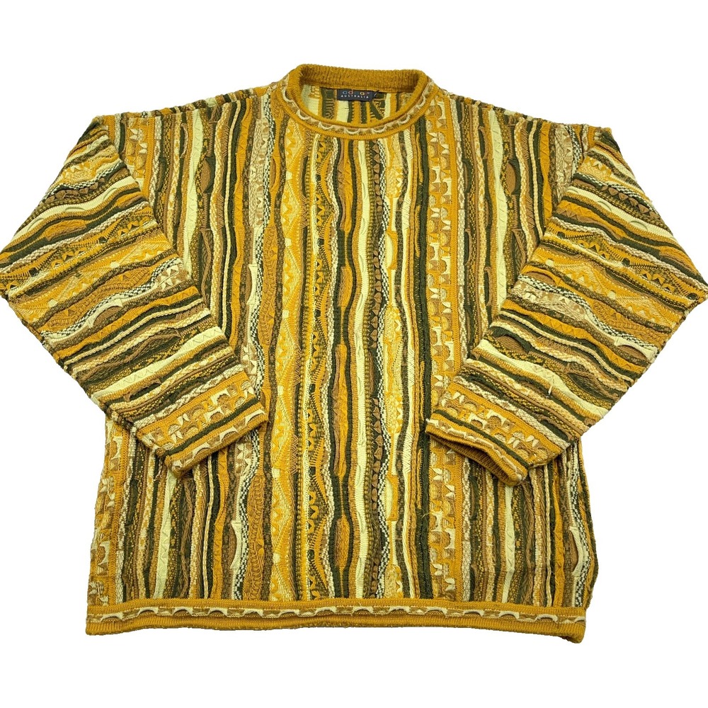 Vintage Coogi Sweater Men XL Yellow 3D Knit Textured Biggie Cosby Grandpa 90s